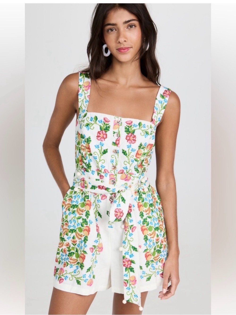 Farm Rio Tropical Romance Floral Linen Blend Romper Size Large